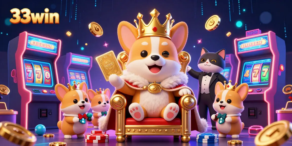 Experience exciting gaming at 33win with a royal corgi and vibrant casino elements.