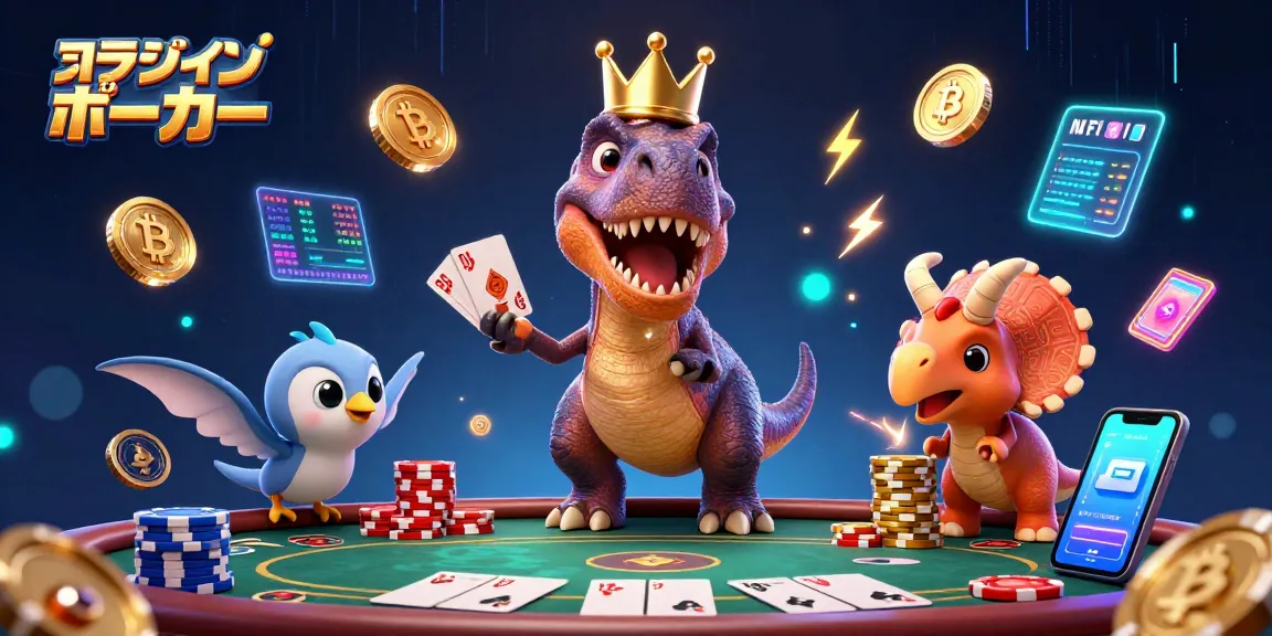 オンラインポーカーでカードを持つ恐竜たちが行う楽しいポーカーバトルのシーン