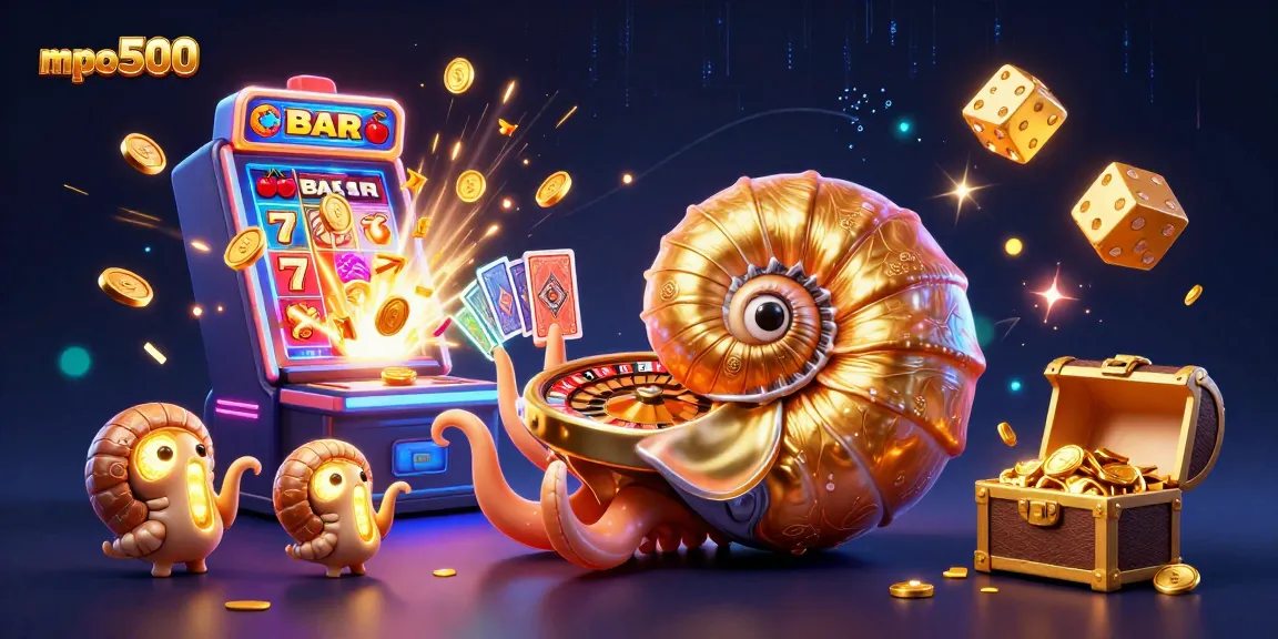 Spin the wheel with mpo500, featuring casino game elements like slot jackpots and vibrant characters.
