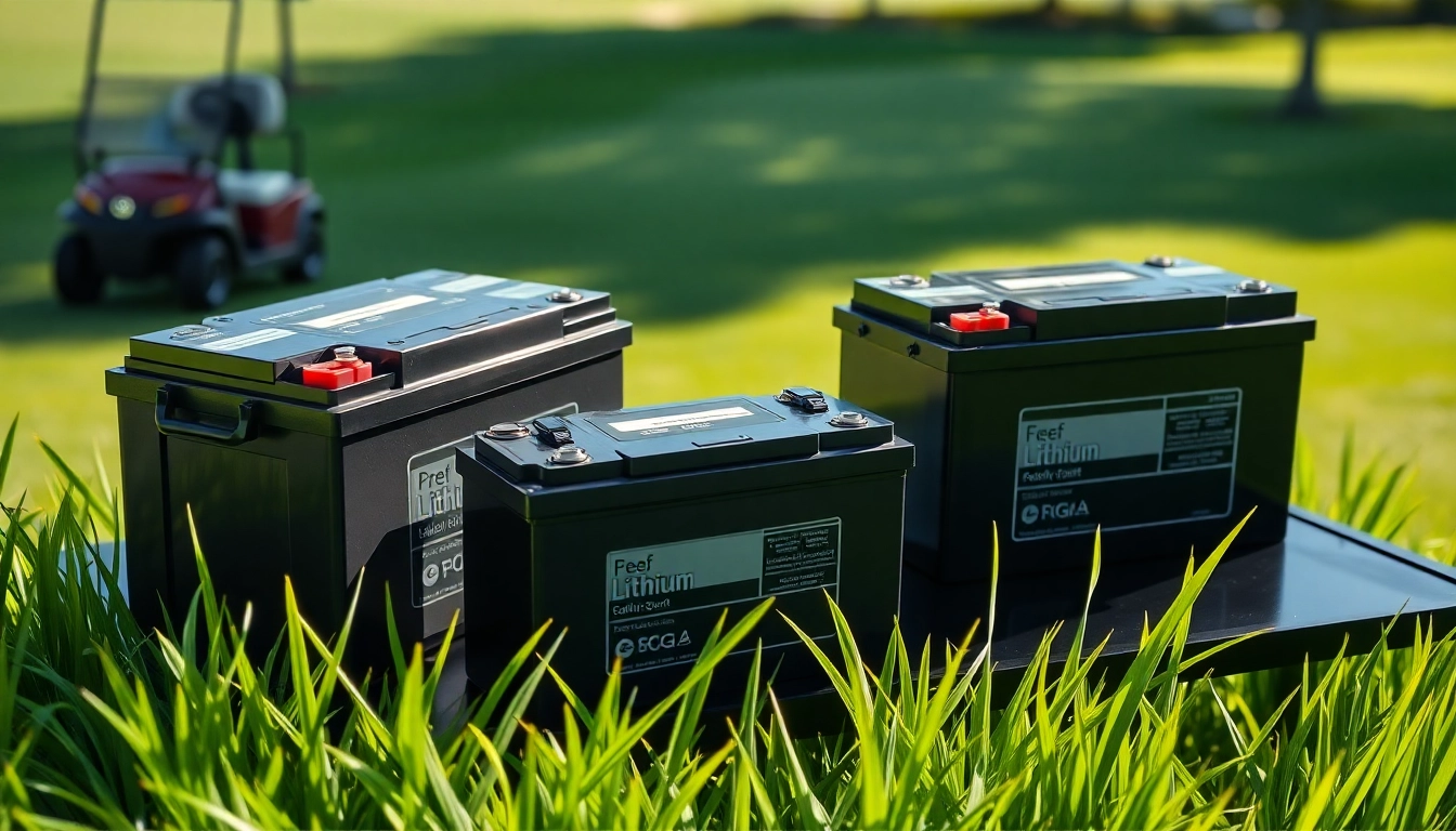 Showcasing high-performance lithium golf cart batteries with a sleek design against a green golf course background.