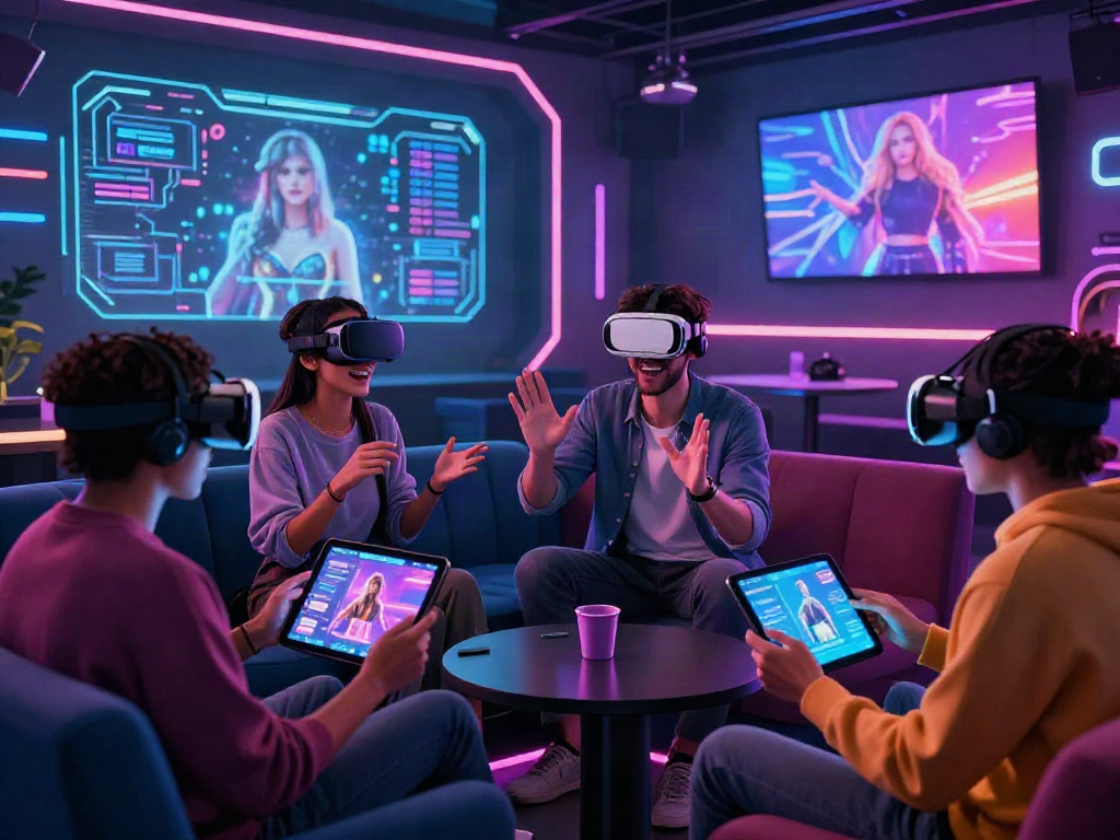 AI porn exploration in a futuristic lounge with diverse users engaging with VR and tablets in a vibrant atmosphere.