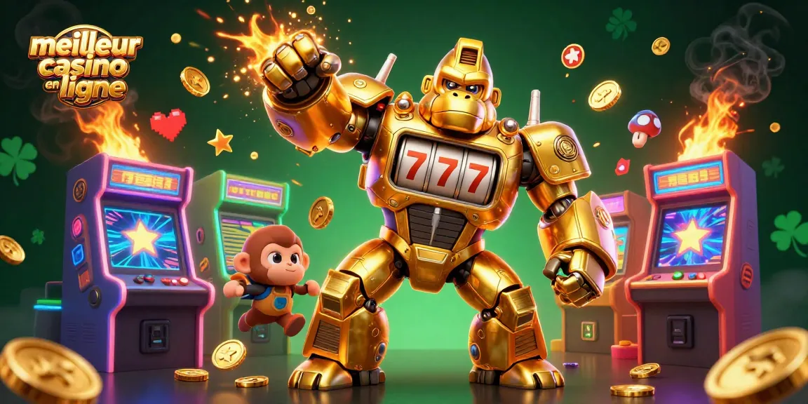 Visualisez le meilleur casino en ligne avec un gorille doré futuriste et des machines à sous colorées.