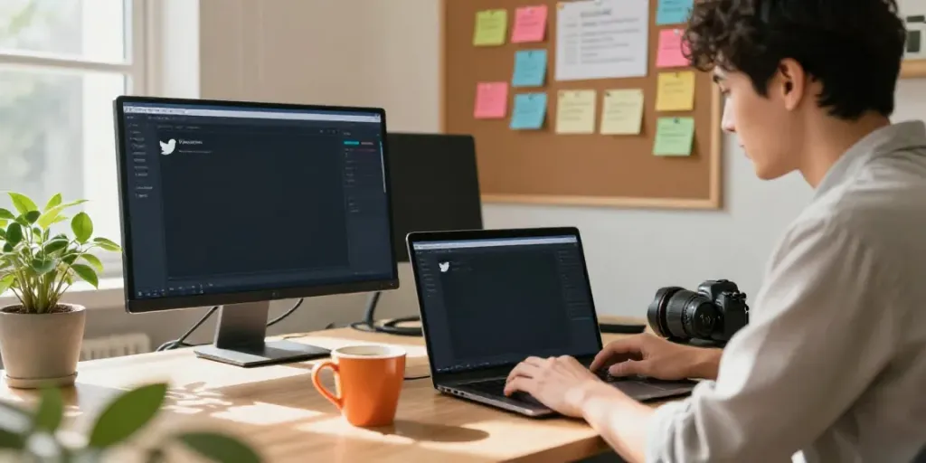 Creating AI generated Twitter posts in a modern home office setup.