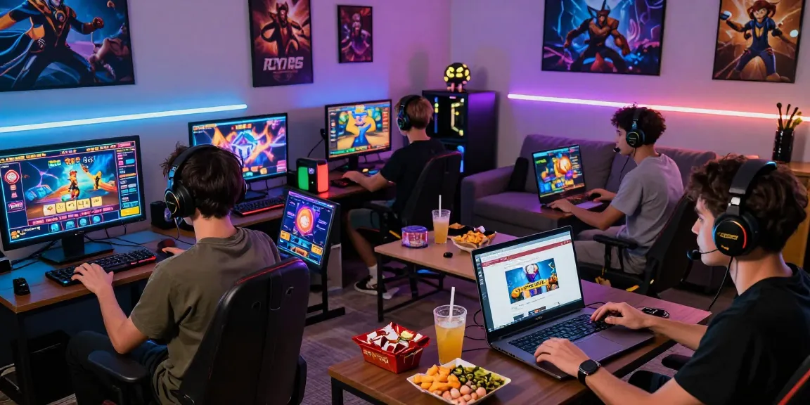 Pengalaman bermain online di Situs LUXURY777, sekelompok pemain muda fokus pada slot dengan suasana gaming yang hidup.