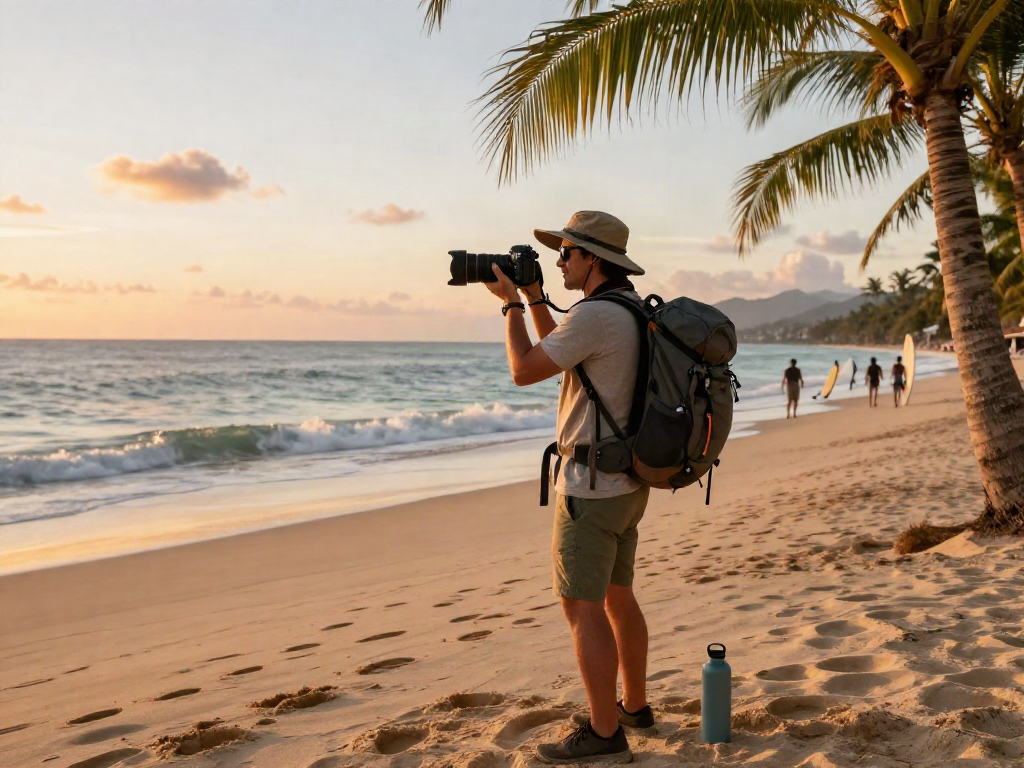 Traveler enjoying slot 5k qris at a scenic beach sunset, capturing memories with a DSLR camera.