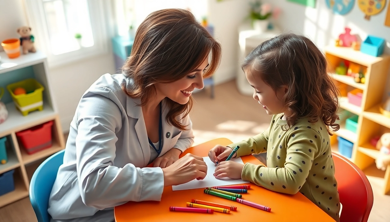 Engaging ABA therapy in Brighton session between a therapist and child in a colorful clinic.