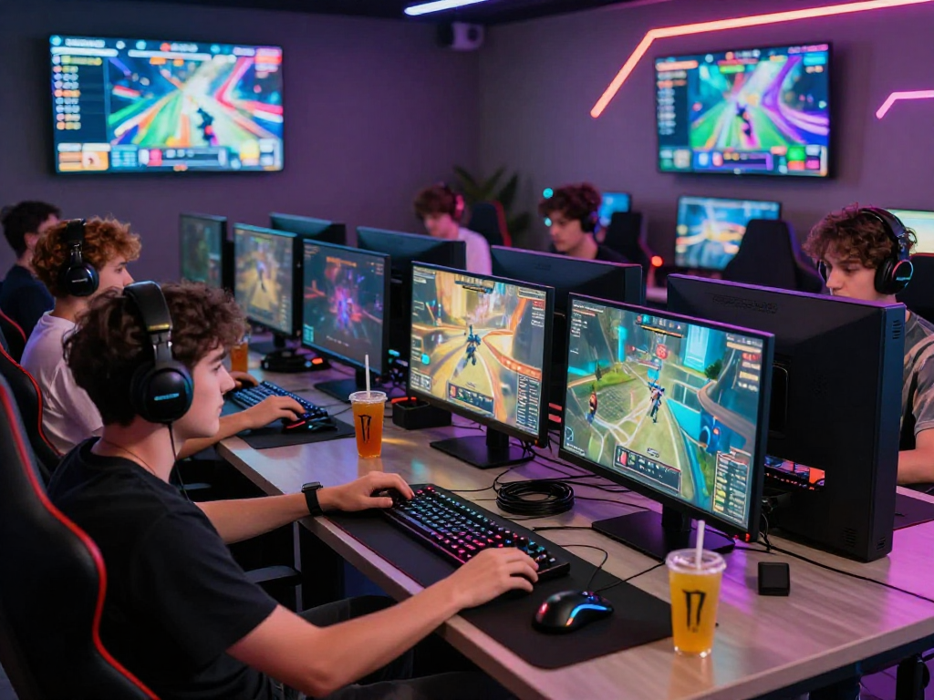 Engaging online gaming scene with players at computers showcasing vibrant game graphics on screens related to https://www.benmillerband.com/.