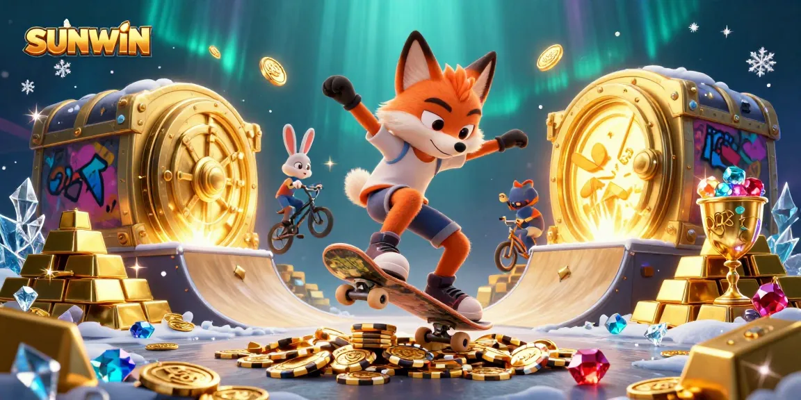 Join the sunwin adventure as the fox and rabbit perform exciting tricks in a vibrant casino scene.
