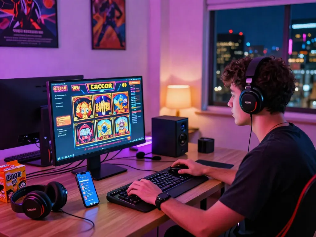 Player engaged with slot gacor game on computer in a vibrant online casino setup.