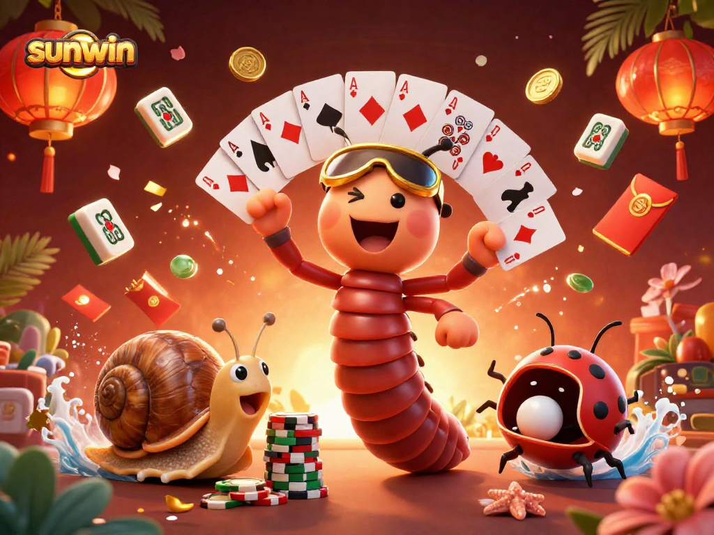 Experience thrilling gameplay at Sunwin with a lively 3D casino scene featuring unique characters and game elements.