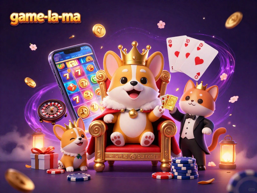Experience the fun at game-la-ma with a vibrant royal corgi scene featuring bright slot games and poker elements.