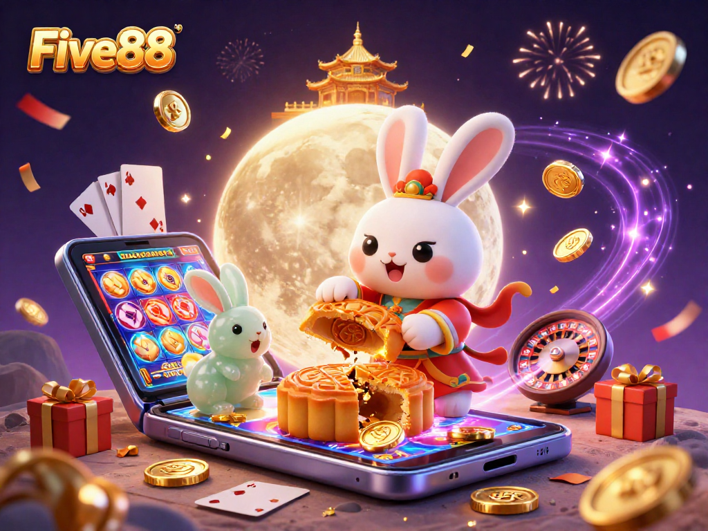 Experience the excitement of Five88 with a lively scene of a moon rabbit engaging in poker-themed activities.