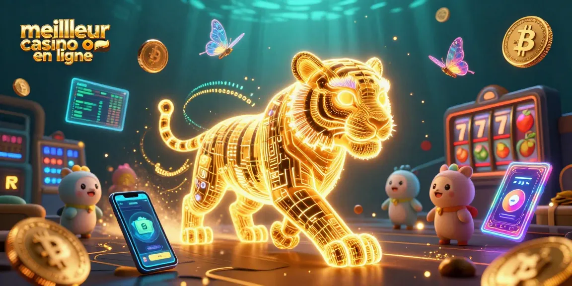 Visualisez le meilleur casino en ligne avec un tigre lumineux et des éléments de jeu en 3D.