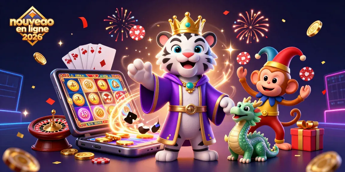 Découvrez l'univers vibrant du nouveau casino en ligne 2026 où un tigre élégant et un singe jester animent l'expérience de jeu.