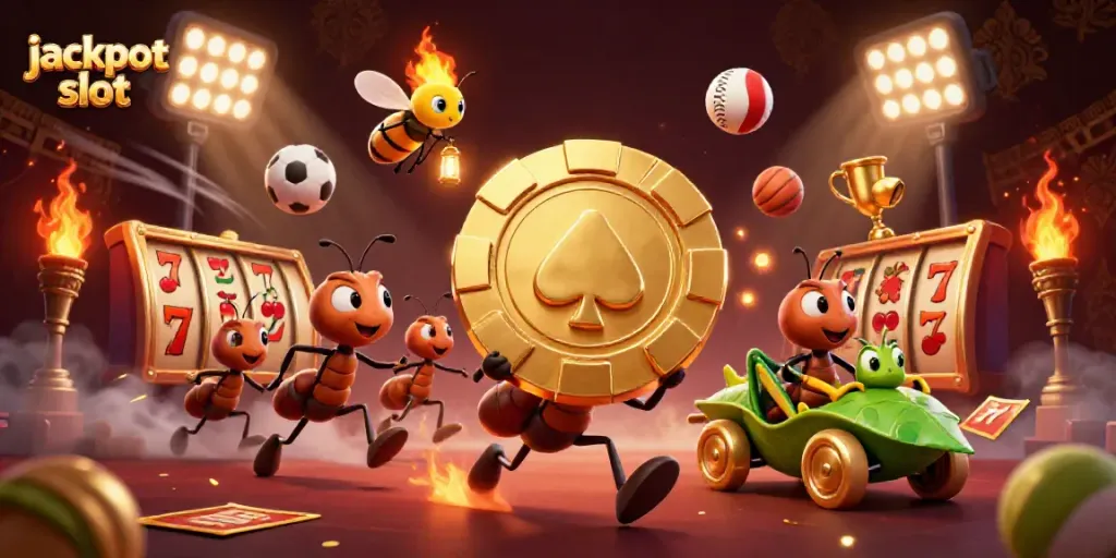 Engage with a jackpot slot scene as ants escape with a golden chip amidst a dynamic casino atmosphere.