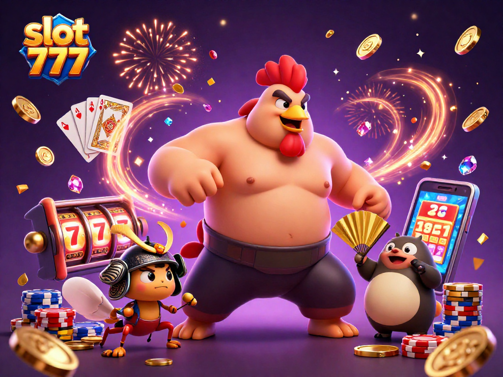 Engage with slot 777's thrilling action featuring vibrant characters, sparkling coins, and dynamic slot machine graphics.