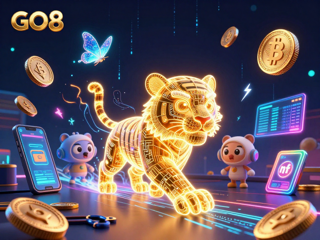 Engage in thrilling gaming experiences at GO8 with a vibrant neon casino scene filled with crypto elements.