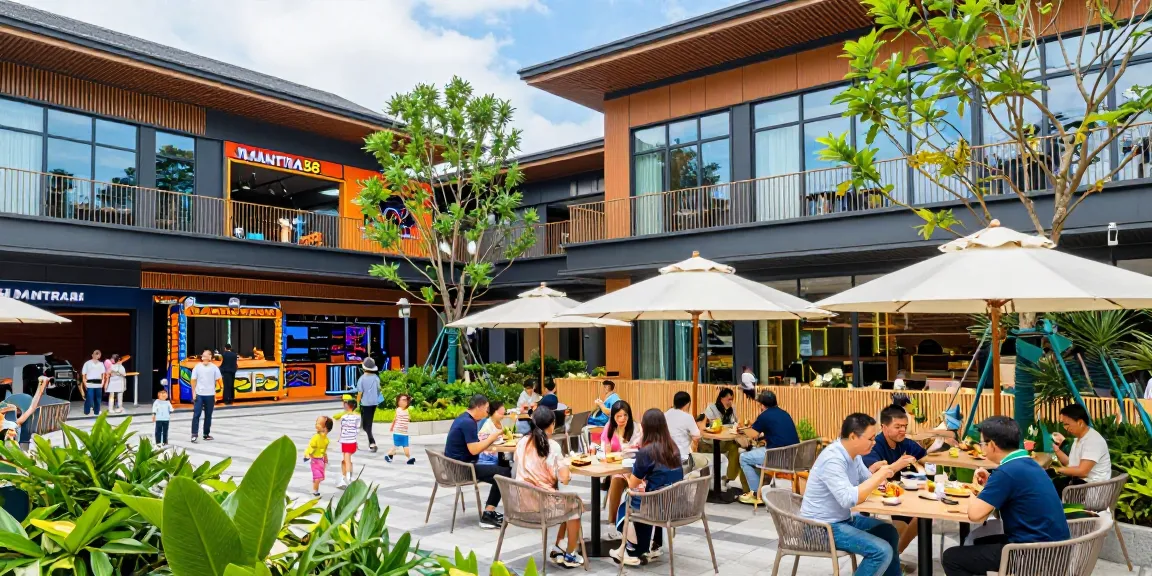 Families enjoying vibrant commercial property at MANTRA88, showcasing entertainment center.