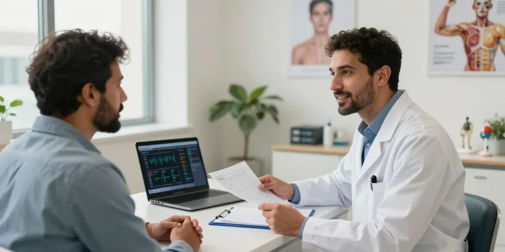 Prostate cancer treatment in Abu Dhabi, featuring a patient consulting with a doctor in a welcoming clinic environment.