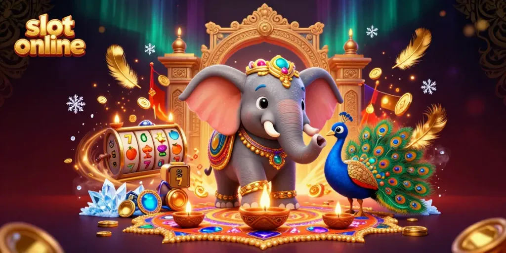 Engage in thrilling slot online gameplay with spirited Diwali-themed illustrations and vibrant casino elements.