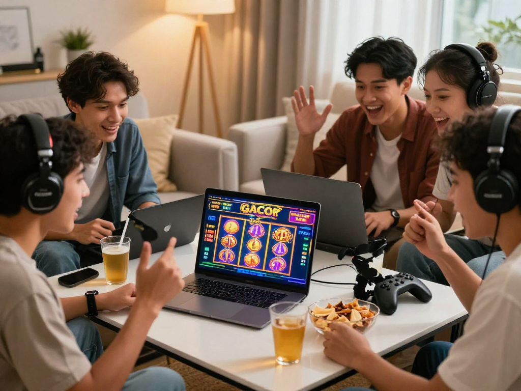 Permainan slot gacor yang seru di ruang tamu dengan teman-teman, menunjukkan kegembiraan dan kebersamaan.