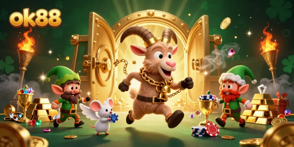 ok88 features a festive casino scene with Krampus, an angel mouse, and elf gremlins amidst treasures.