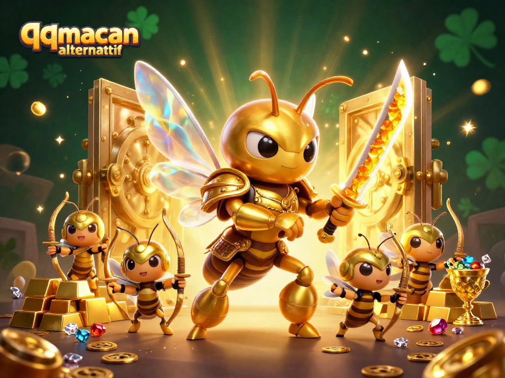 Engage in thrilling action at qqmacan alternatif with a dynamic casino scene featuring golden hornets and treasures.