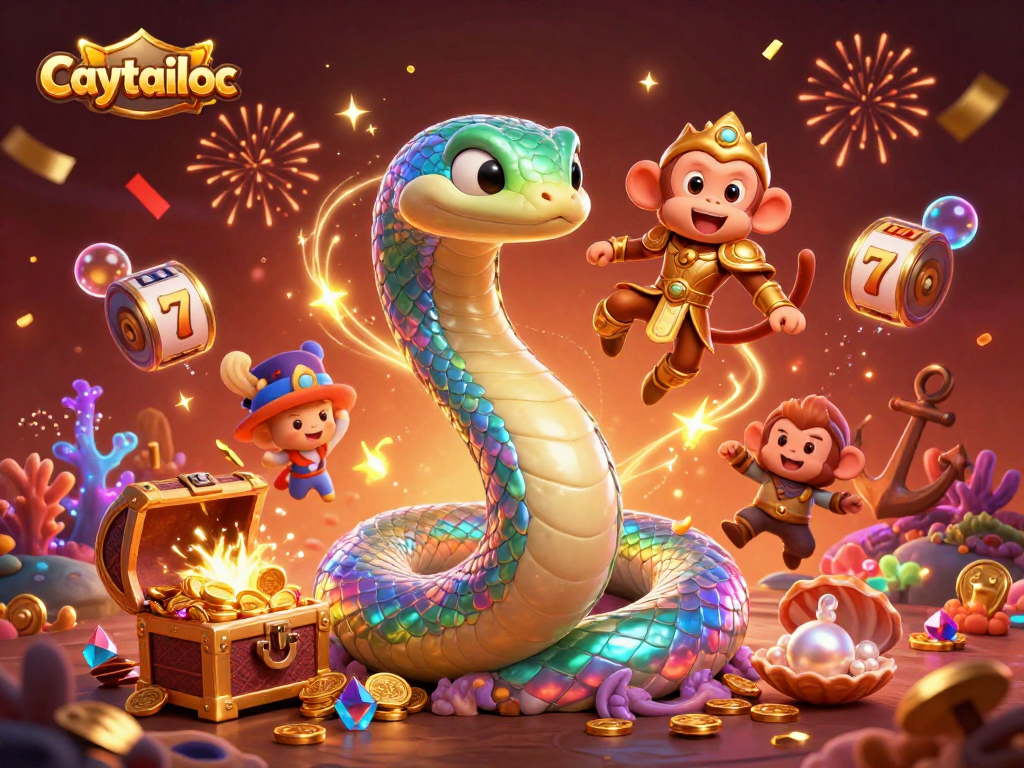 Spin to win jackpots with Caytailoc's colorful 3D illustration, featuring festive treasures and playful characters.