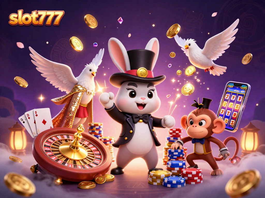 Experience the thrill of slot777 with a magician rabbit pulling coins and poker chips.