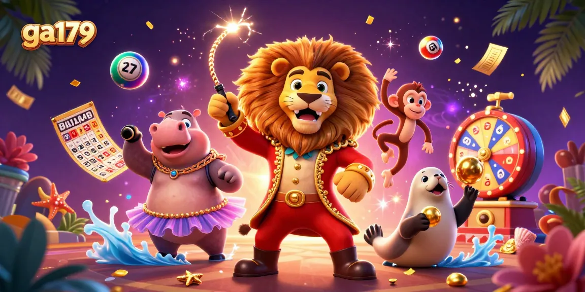Engage with ga179's vibrant circus-themed 3D illustration showcasing lottery fun.
