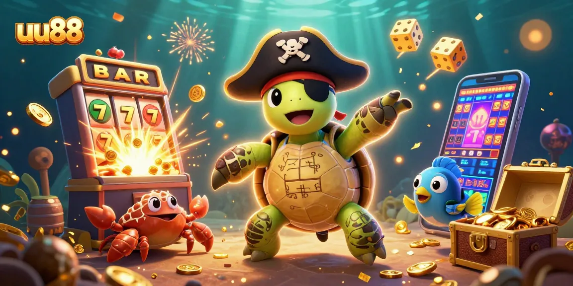 Play exciting games at uu88 with a colorful scene of cartoon turtle and treasures above jackpot slot machine.