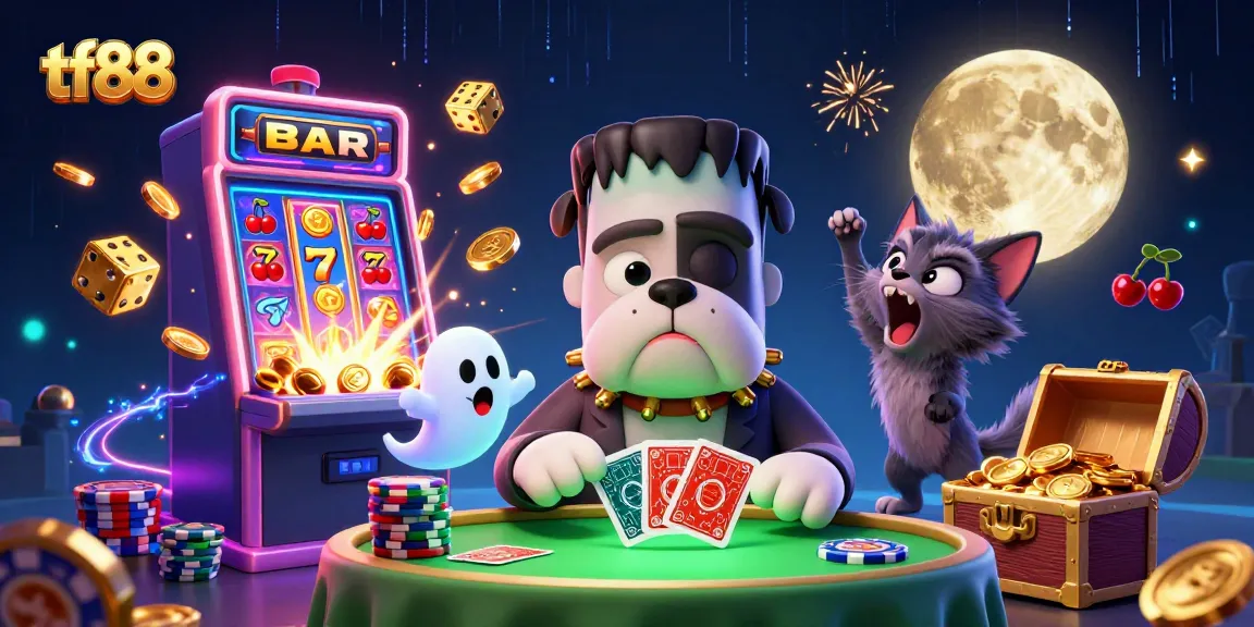 Experience thrilling gaming at tf88 with a cartoon Frankenstein bulldog dealer and magical casino elements.