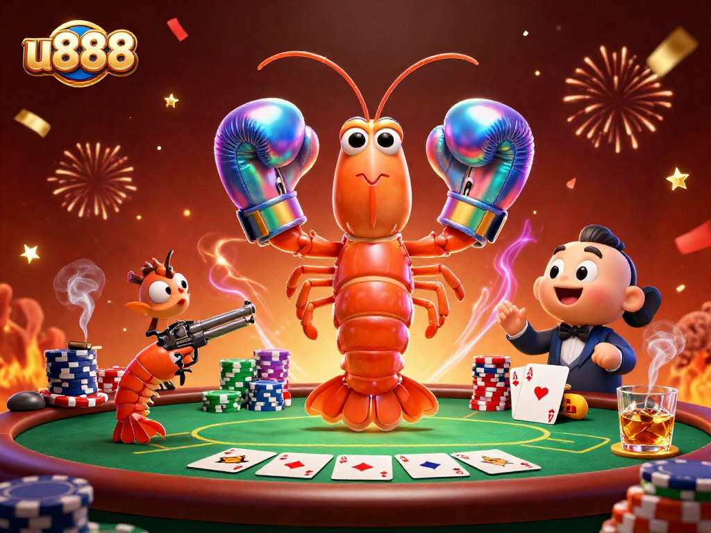 Experience thrilling poker action with u888 featuring cartoon mantis shrimp and vibrant casino elements.