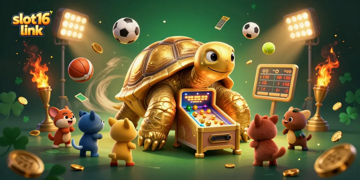 Engage with the dynamic scene of slot16 link featuring a colossal golden tortoise and sports elements for exciting casino adventures.
