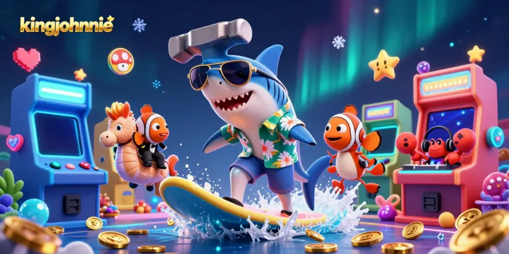 Experience excitement at kingjohnnie with a vibrant 3D scene featuring casino elements and fun aquatic characters.