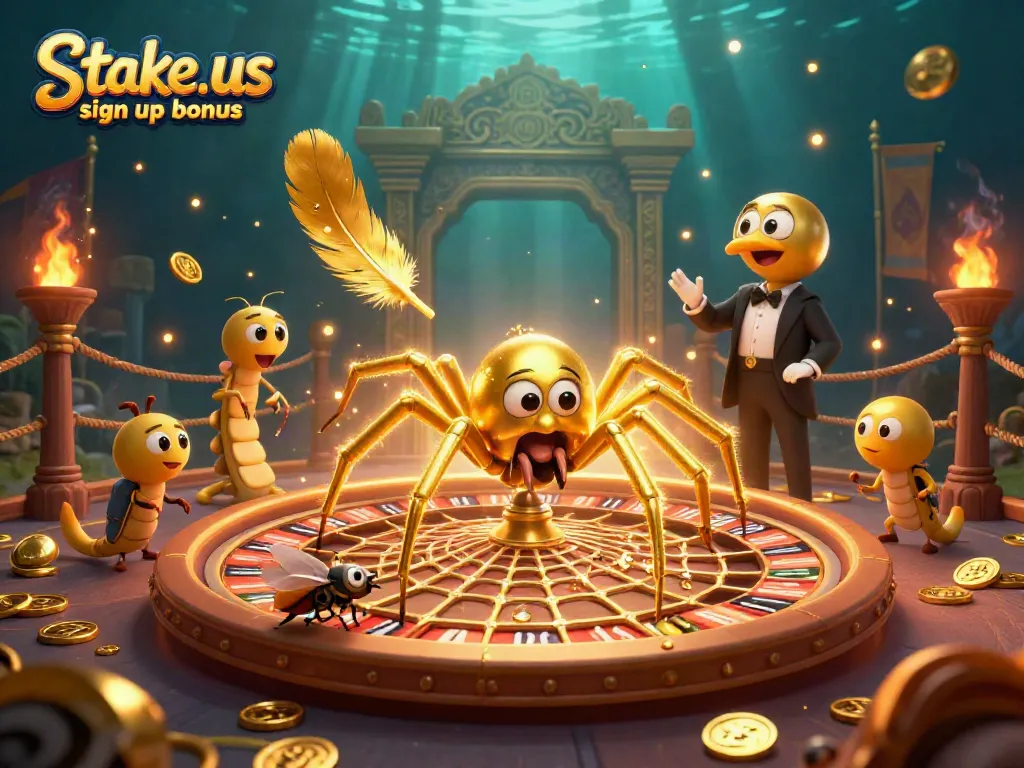Engage with stake.us sign up bonus as a golden spider weaves a roulette wheel amidst glittering coins and thrilling bets.