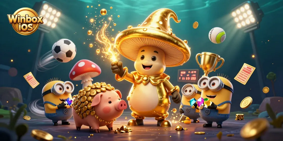 Engage in exciting gaming with Winbox iOS, featuring vibrant casino elements and characters in a dynamic 3D illustration.