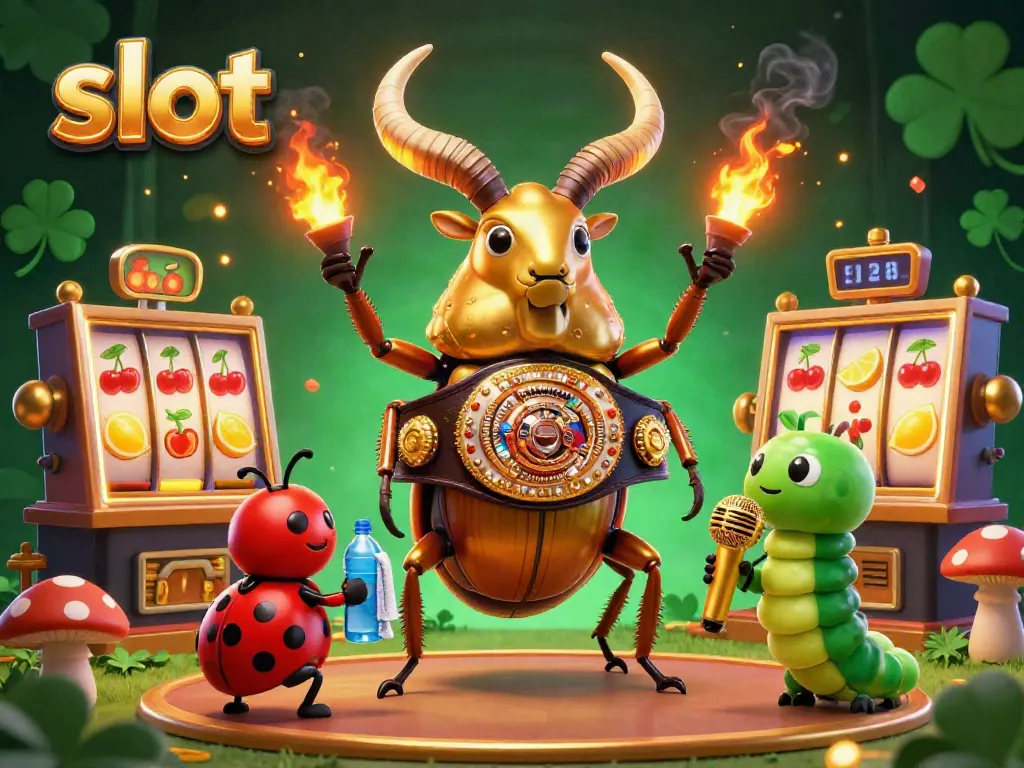 Experience intense slot action with a golden stag beetle champion and vibrant gambling symbols.