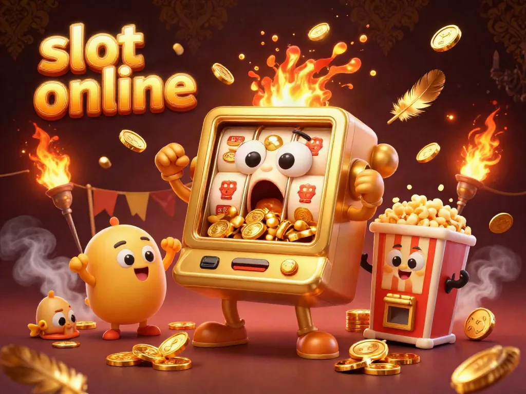 Engage with the slot online excitement as a stunning golden slot machine hits the jackpot, celebrating in style.
