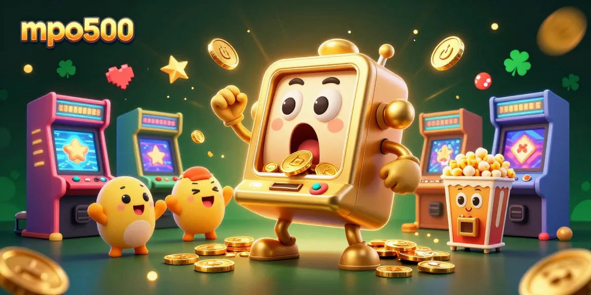 Experience thrilling wins with mpo500 as golden slot machines celebrate jackpots and vibrant gaming elements surround them.