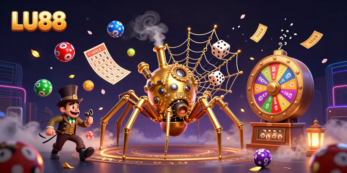 LU88 offers exhilarating gameplay with a steampunk spider ensnaring lucky dice amidst vibrant lottery elements.