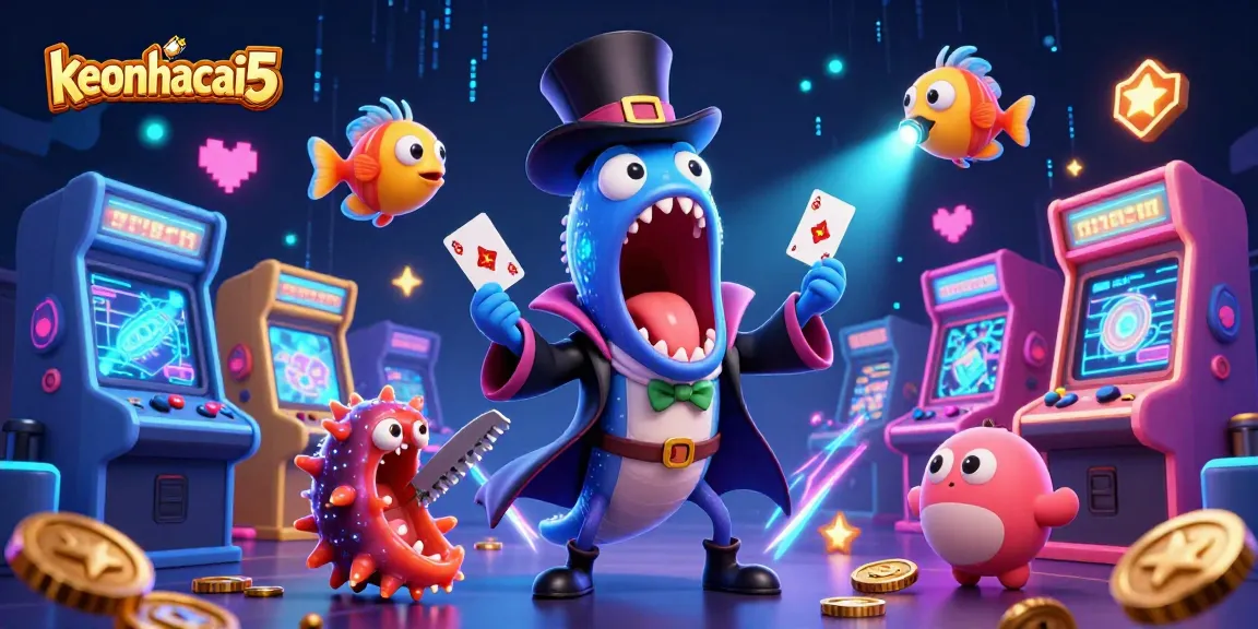 keonhacai5 showcases a whimsical 3D illustration of a magic deep-sea eel performing card tricks with vibrant gambling elements.