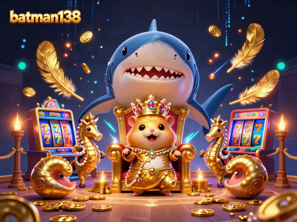 Spin the reels at batman138 with a dynamic scene featuring a fierce golden hamster king and gambling excitement.