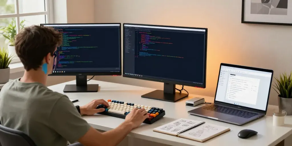 Workspace with a programmer using Notepad++ on dual monitors, showcasing coding environment.