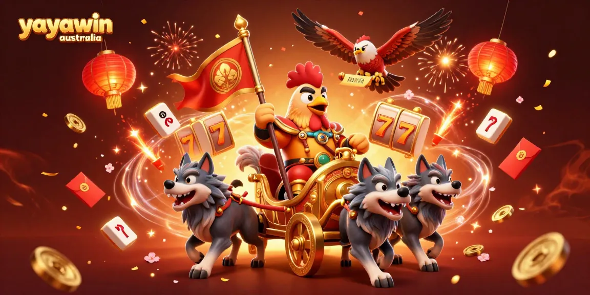 Experience the thrill of yayawin australia with a vibrant 3D casino battle scene featuring a golden war chariot.