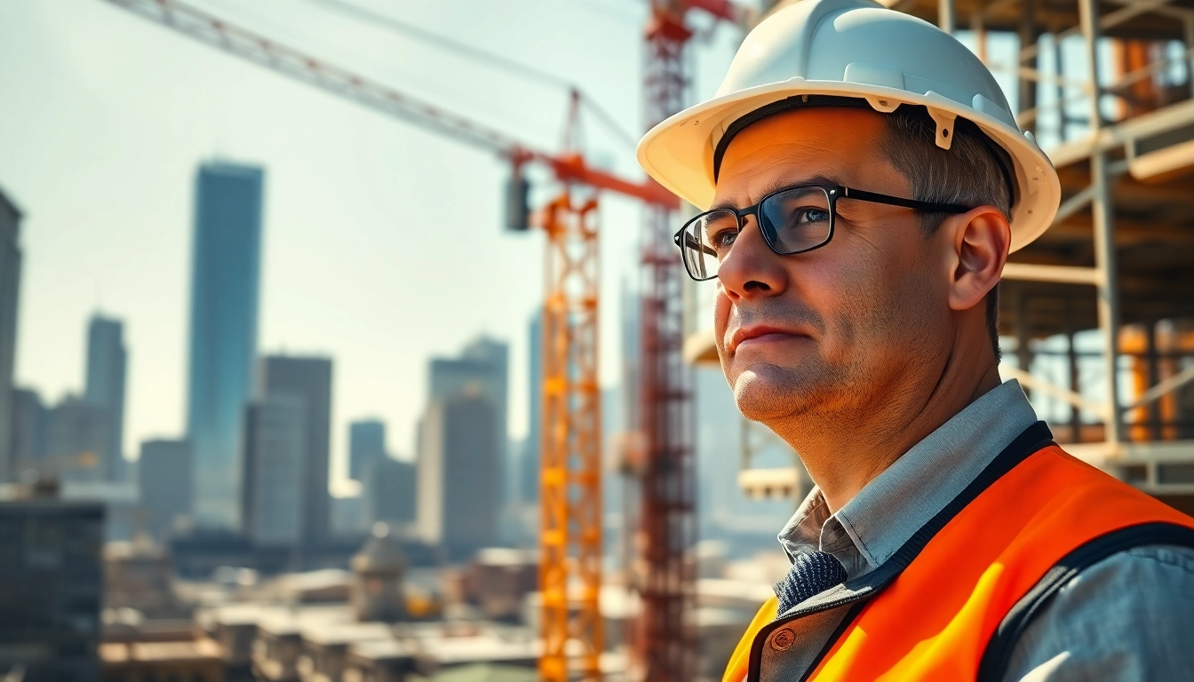 New York City Construction Manager directing a busy construction site with cranes and scaffolding.