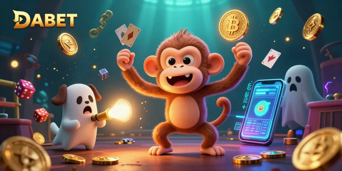 DABET showcases a mischievous ghost monkey juggles golden coins in a haunted casino with crypto elements.
