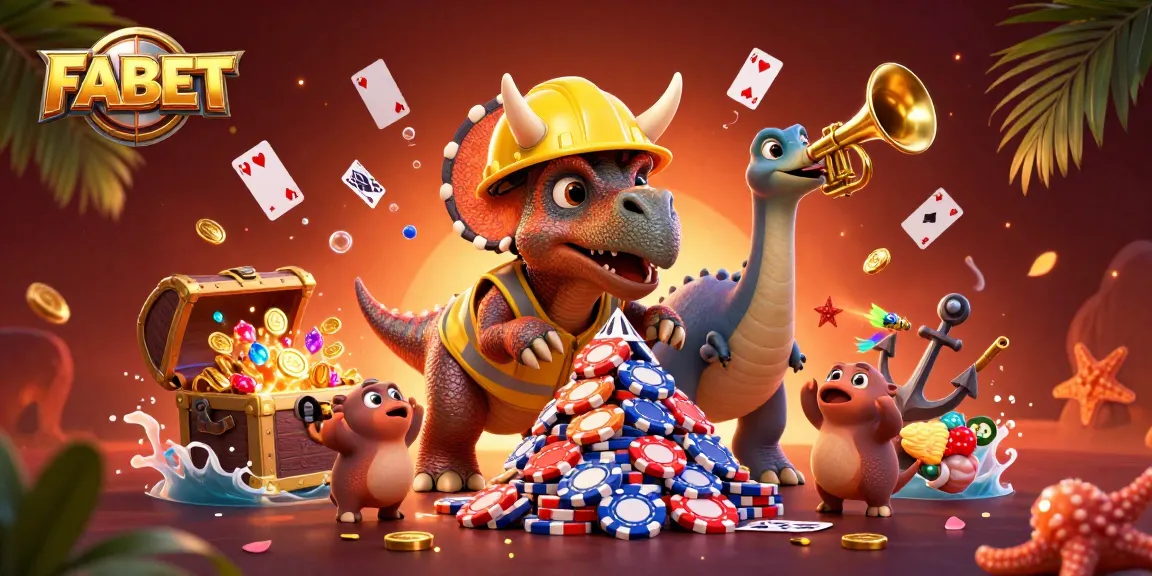 FABET players build poker chip pyramids with a cheering dinosaur crowd in vibrant casino scene.