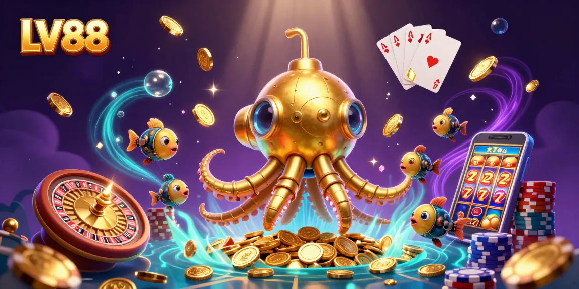 Experience LV88's thrilling gaming with captivating golden kraken submarine and rich casino elements.