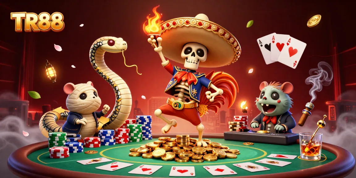 Join the fun at TR88 casino with vibrant characters dancing on golden coins surrounded by poker elements.